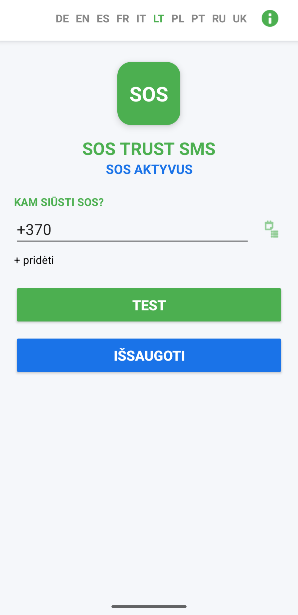 „SOS Trust SMS“ programėlė telefono ekrane